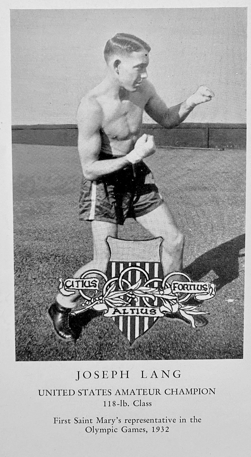 Joseph Lang in boxing attire on a field; text reads that he was the first Olympian in Saint Mary's history