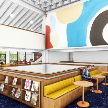 Rendering of second floor study area with mural and shelves