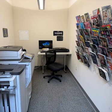 Printer, scanner, and rack of magazines