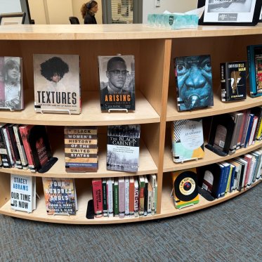 a curved book shelf displaying book covers