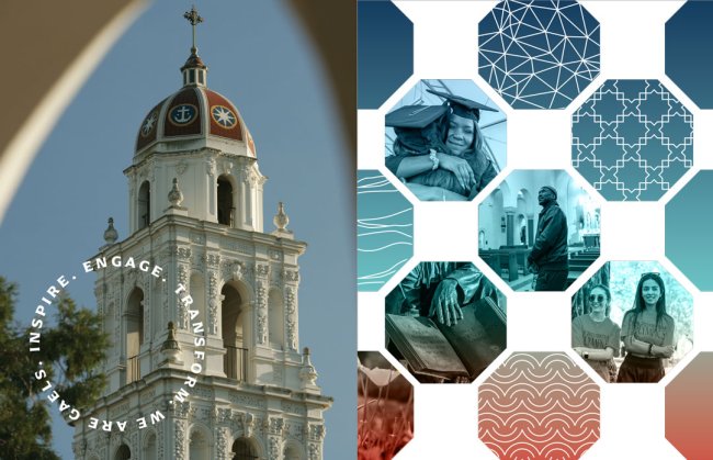 A publication spread with a chapel on one side that says inspire, engage transform and a grid of octagons with images and patterns on the right