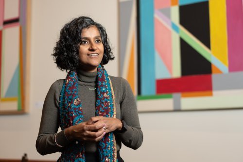 Photo of Professor Sunayani Bhattacharya with paintings in background