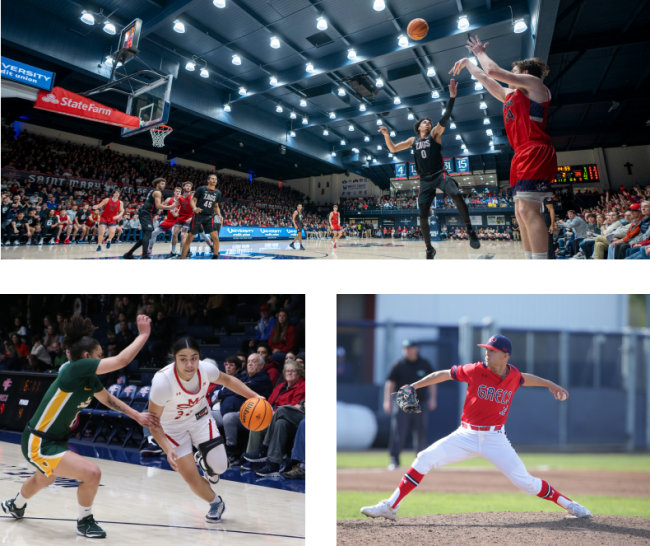 Saint Mary's College student athletes playing basketball and baseball