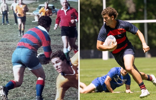 Break away with the ball: Marty Storti ‘85 MA ‘89 on the left dodges the defender while bringing the ball up the field. Erich Storti ‘23 MA ‘24 pictured on the right mimics his father's skills and escapes the defender. / Photos provided courtesy of Storti Family &amp; Club Sports