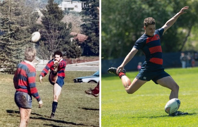 Up and Under: Marty Storti ‘85 MA ‘89 pictured on the left kicks to clear the defense from Gael territory.  Mario Storti ‘25 kicks for conversation points. / Photos provided courtesy of Storti Family &amp; Club Sports