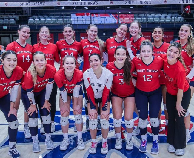 Women's volleyball team posed on court, 2024