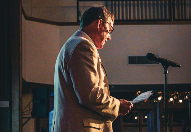 The gold standard: Coach Tim O’Brien shares his gratitude for athletes, administrators, and alumni. / Photo by Ashleen Rai ’25