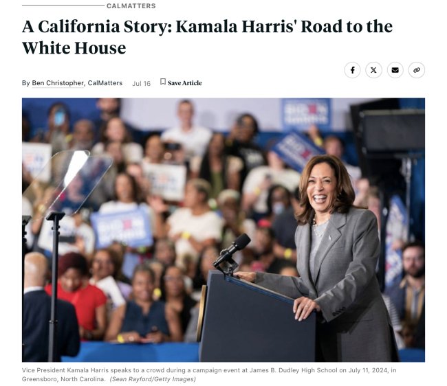 Screenshot of CalMatters article opener on Kamala Harris