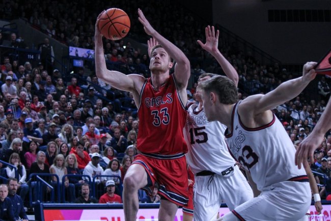 Men's Basketball player Luke Barrett shoots against Gonzaga in February 2025