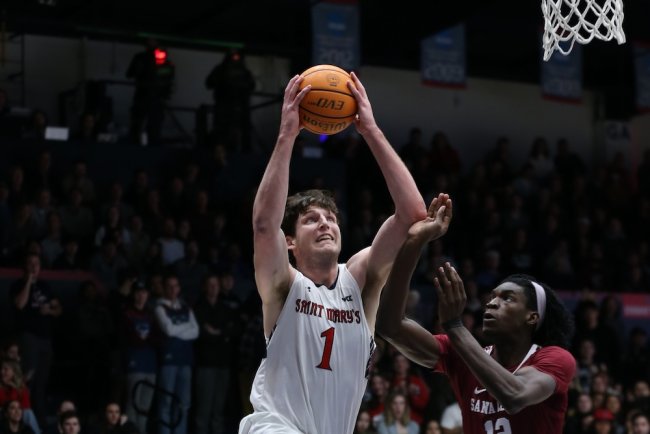 Men's basketball player Harry Wessels shoots against Santa Clara in February 2025
