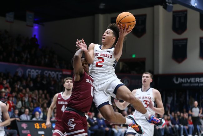 Men's basketball player Jordan Ross leaps to shoot against Santa Clara in February 2025