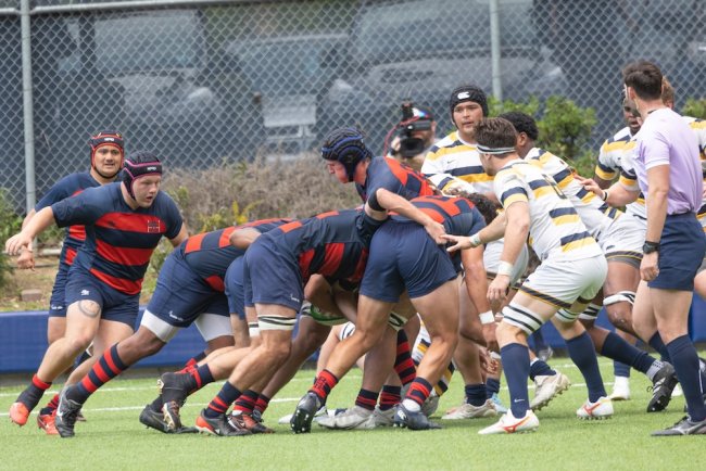 Gaels rugby players in a scrum against Cal in the 2025 semifinals