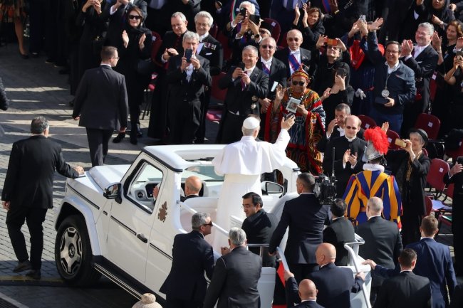 Pople Leo XIV rides in the Popemobile in May 2025