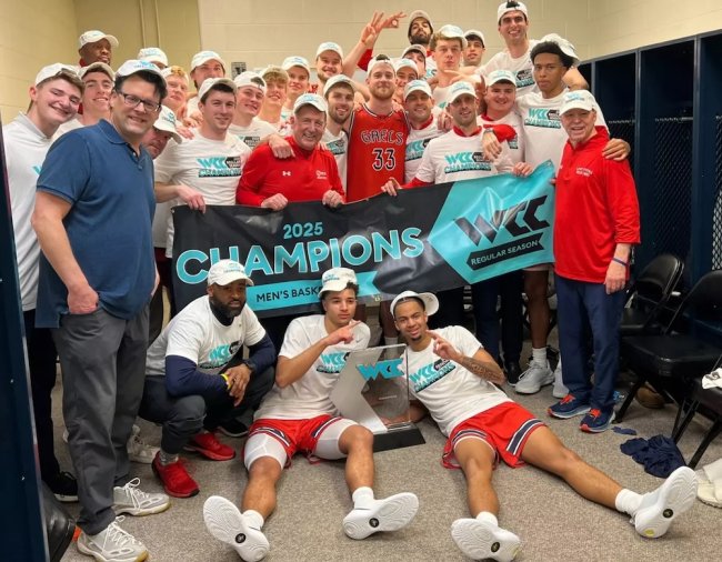 Men's Basketball with WCC Championship banner in locker room in Gonzaga in February 2025