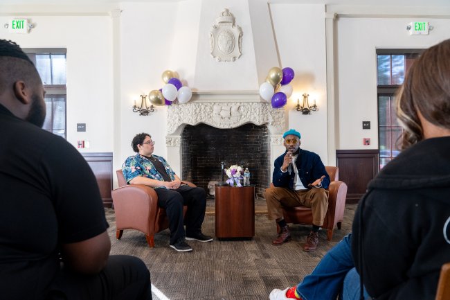 Mahershala Ali '96 and Antonio Ponce '26 at moderated Q and A