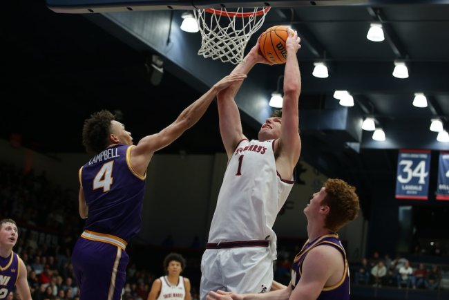Basketball player Harry Wessels shoots against Northern Iowa in December 2025