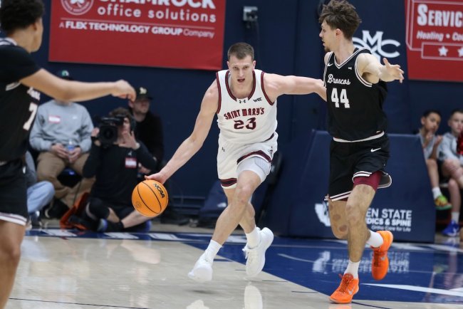 Basketball player Paulius Murauskas drives against Santa Clara in February 2026