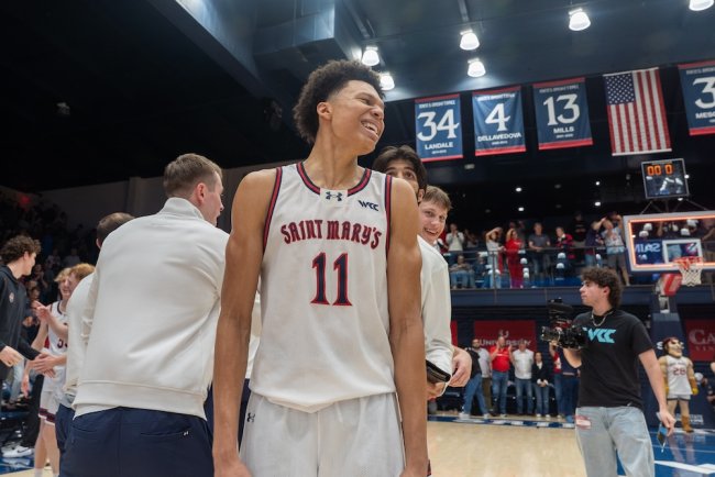 Basketball player Dillan Shaw celebrates winning WCC Regular Season Title in February 2026