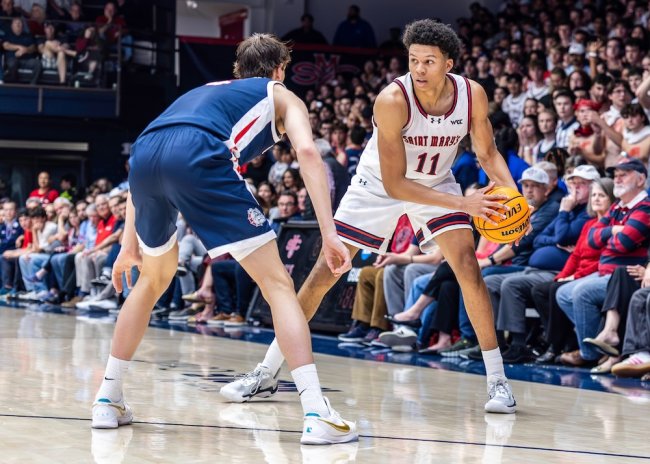 Basketball player Dillan Shaw keeps the ball away from a Gonzaga defender in February 2026