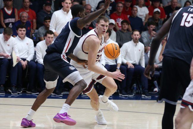Basketball player Paulius Murauskas drives against Gonzaga in February 2026
