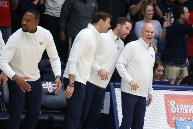 Men's Basketball Head Coach Randy Bennett with assistant coaches after SMC wins WCC Regular Season Title in 2026