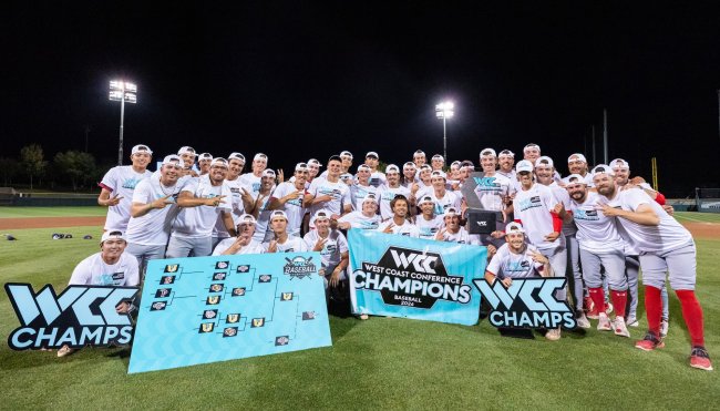 Baseball team poses in rows with 2026 WCC Trophy