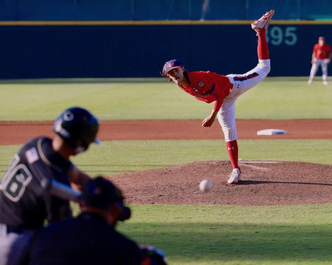 Jake Hilton pitches against Cal Poly on May 31, 2026 in NCAA Regional Final
