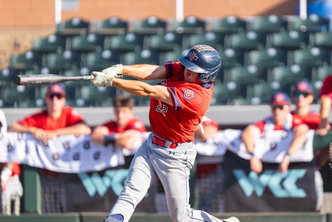 Baseball player Tanner Griffith hits against USF in 2026 WCC Championship