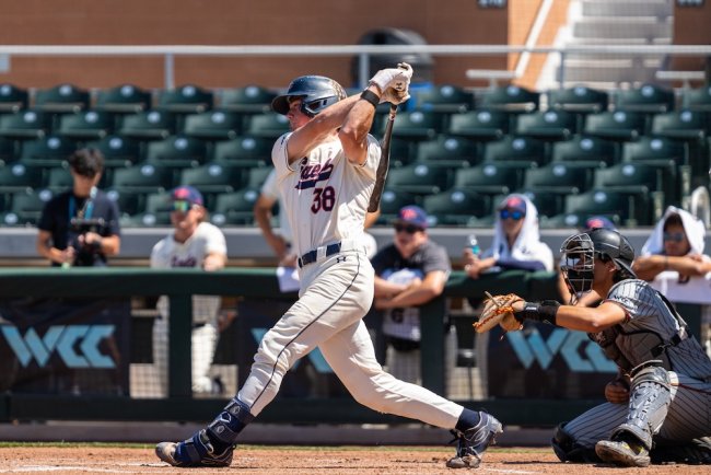 Baseball player Ian Armstrong hits against Pacific in 2026 WCC Tournament