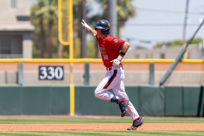 Baseball player Ian Armstrong points as he rounds the bases in 2026 WCC Tournament