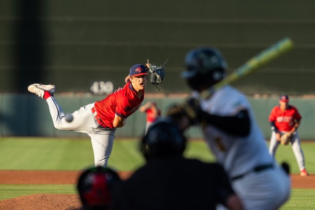 Pitcher Lukas Sarantos throws for the Gaels against USF in 2026 WCC Tournament