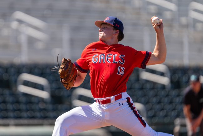 Pitcher Cam Staton throws against USF in 2026 WCC Championship