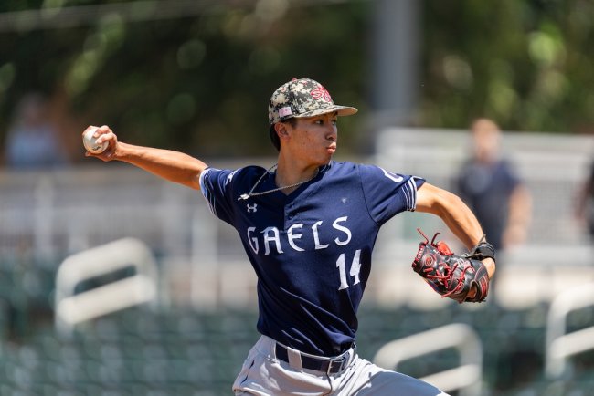 Baseball player Sam Kretch pitches against Gonzaga in 2026 WCC Tournament