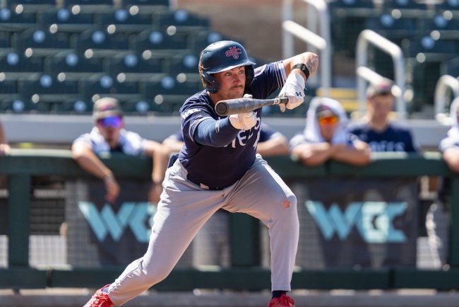 Baseball player Jared Mettam bunts against Gonzaga in 2026 WCC Tournament