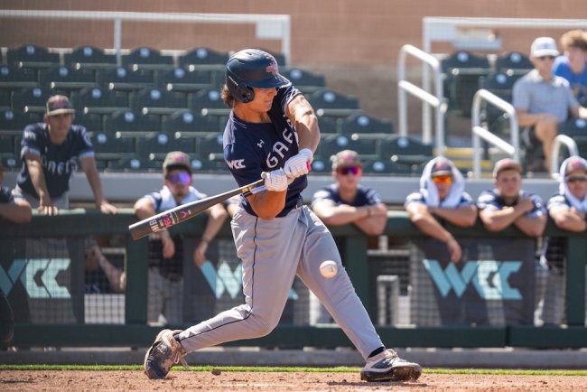 Baseball player Makoa Sniffen hits against Gonzaga in 2026 WCC Tournament