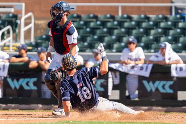 Baseball player Ian Josephson slides against Gonzaga in 2026 WCC Tournament