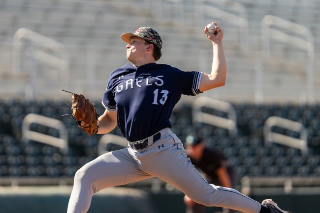 Baseball player Cam Staton pitches against Gonzaga in 2026 WCC Tournament