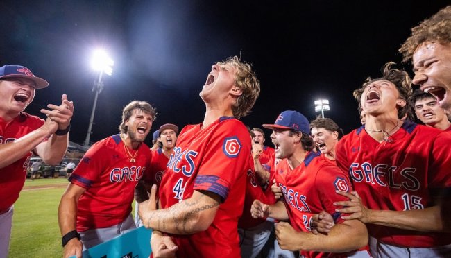 Saint Mary's Baseball team cheers after winning WCC championship