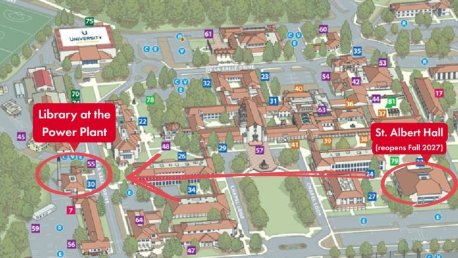 map of campus shoing the location of the Power Plant in relation to the temporarily close St Albert Hall