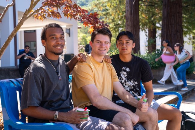 Three male students sitting on bench