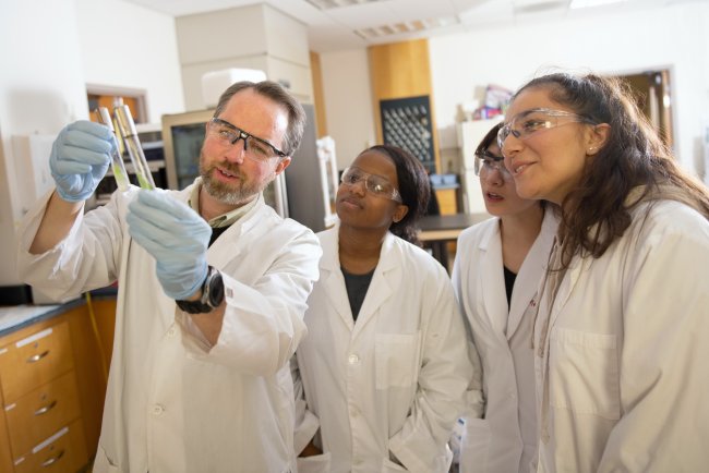 Professor Jim Pesavento with three students in lab looking at beakers