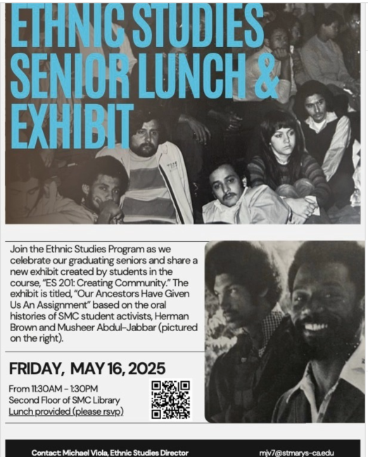 Flyer of students from the 1970s sitting down with the words Ethnic Studies Senior Lunch &amp; Exhibit