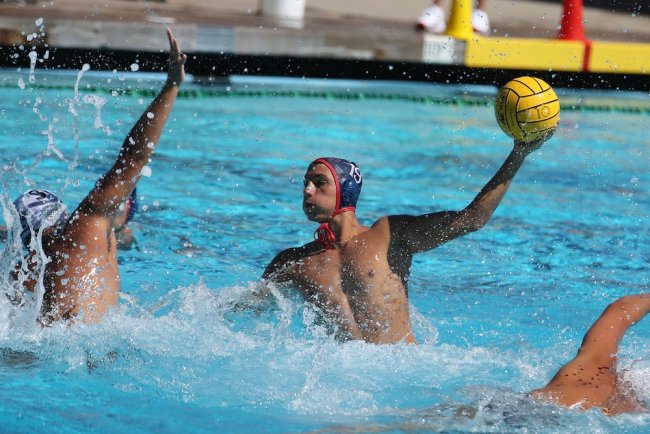 Saint Mary's Men's Water Polo Dominico Barilla shoots against Whittier in September 2026