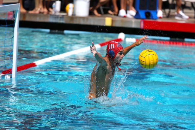 Men's Water Polo Goalie Griffin Langsdin blocks a shot against Whittier in September 2026