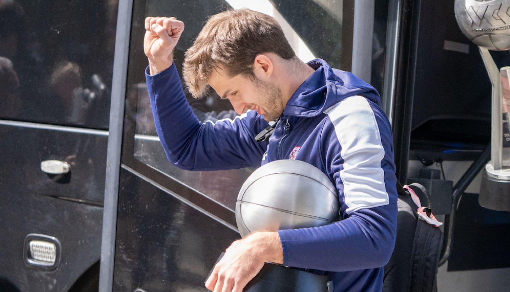 Augustas Marciulionis as Saint Mary's community welcomes home the Men's Basketball in March 2024 after they won the WCC Tournament Championship
