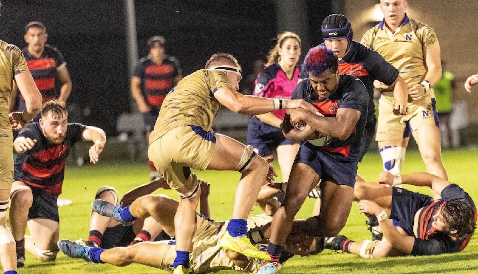 Kaipono Kaiyoshi drives against Navy in the 2024 Rugby National Championship