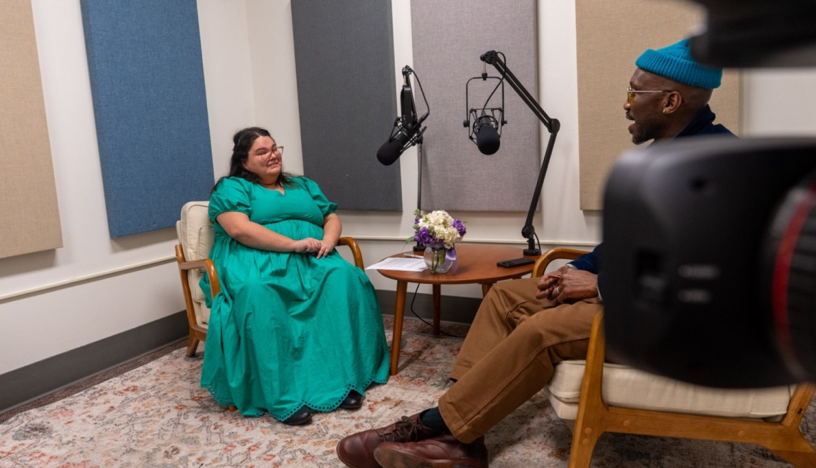 Mahershala Ali with student in podcast studio