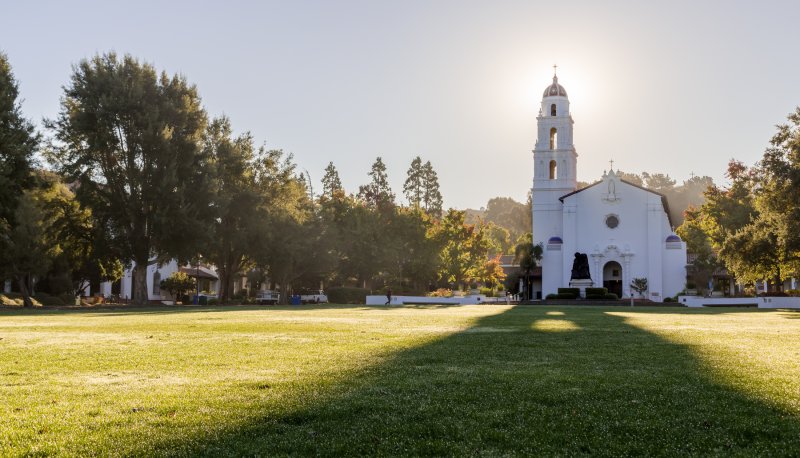 The Saint Mary's Chapel with a green lawn in front of it