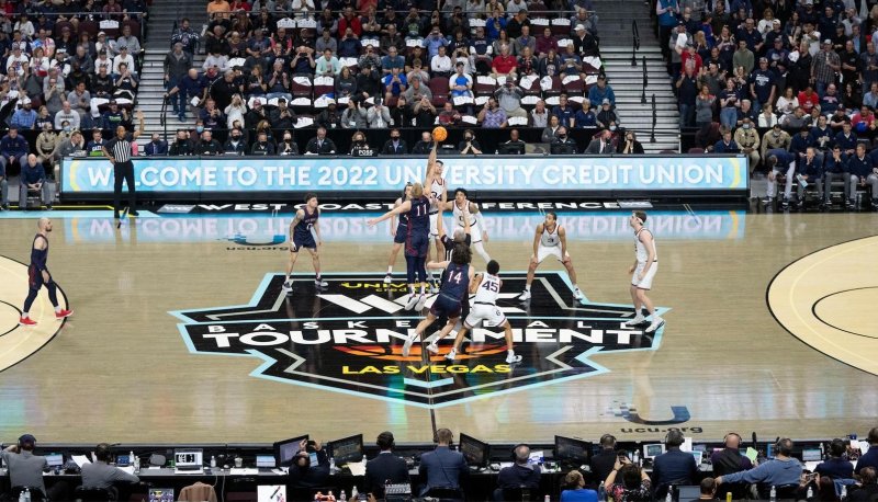 WCC Basketball Tournament 2022 floor shot with Gaels playing
