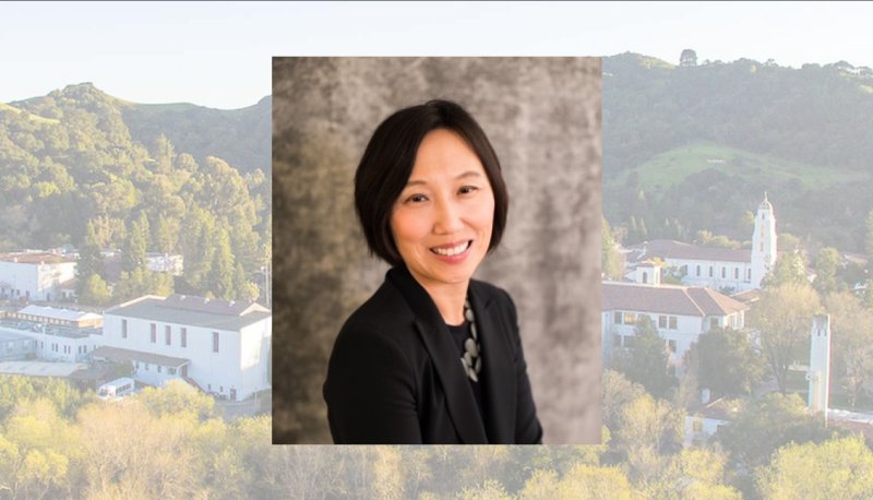 Sandra Kim against backdrop of Saint Mary's Campus